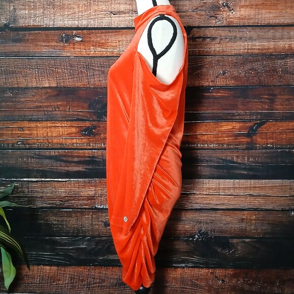 Juicy Couture Dress XL Velour Ruched Bodycon Cold Shoulder High Neck Red Orange - Picture 6 of 10
